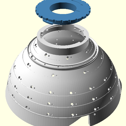 A parametric photometric dome: a domed shell studded with rings of light sockets and a bayonet collar at its zenith, with the camera plate exploded above it.