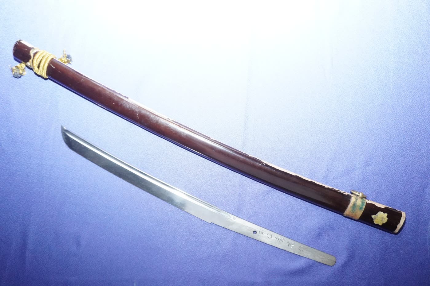 Bare blade laid beside a long dark lacquered scabbard with gold cord